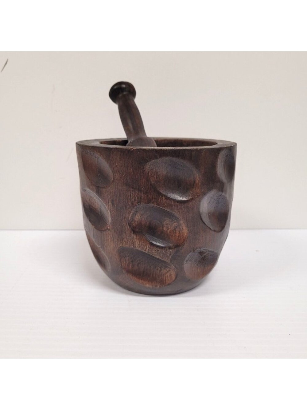 Vintage Hand Carved 4.5'' T Wooden Mortar and Pestle Set Dark Brown